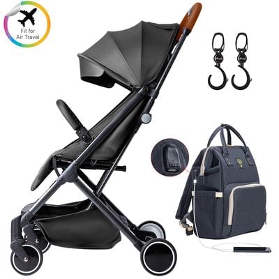 Teknum Travel Lite Stroller + Sunveno USB Diaper Bag and Stroller Hooks - Black